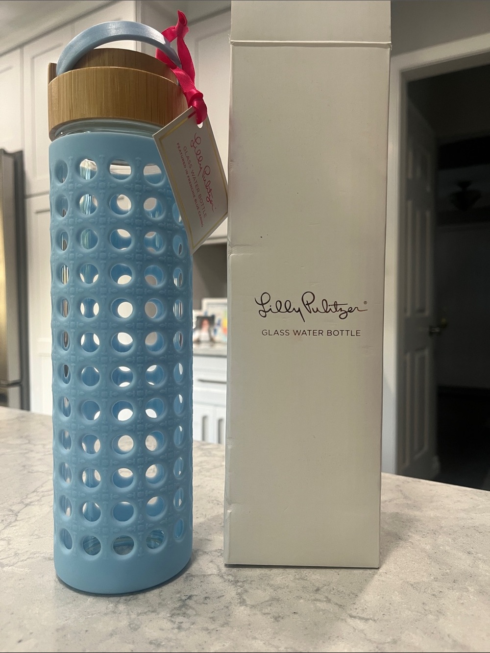 Lilly Pulitzer Glass Water Bottle Featured In Frenchie Blue Caning